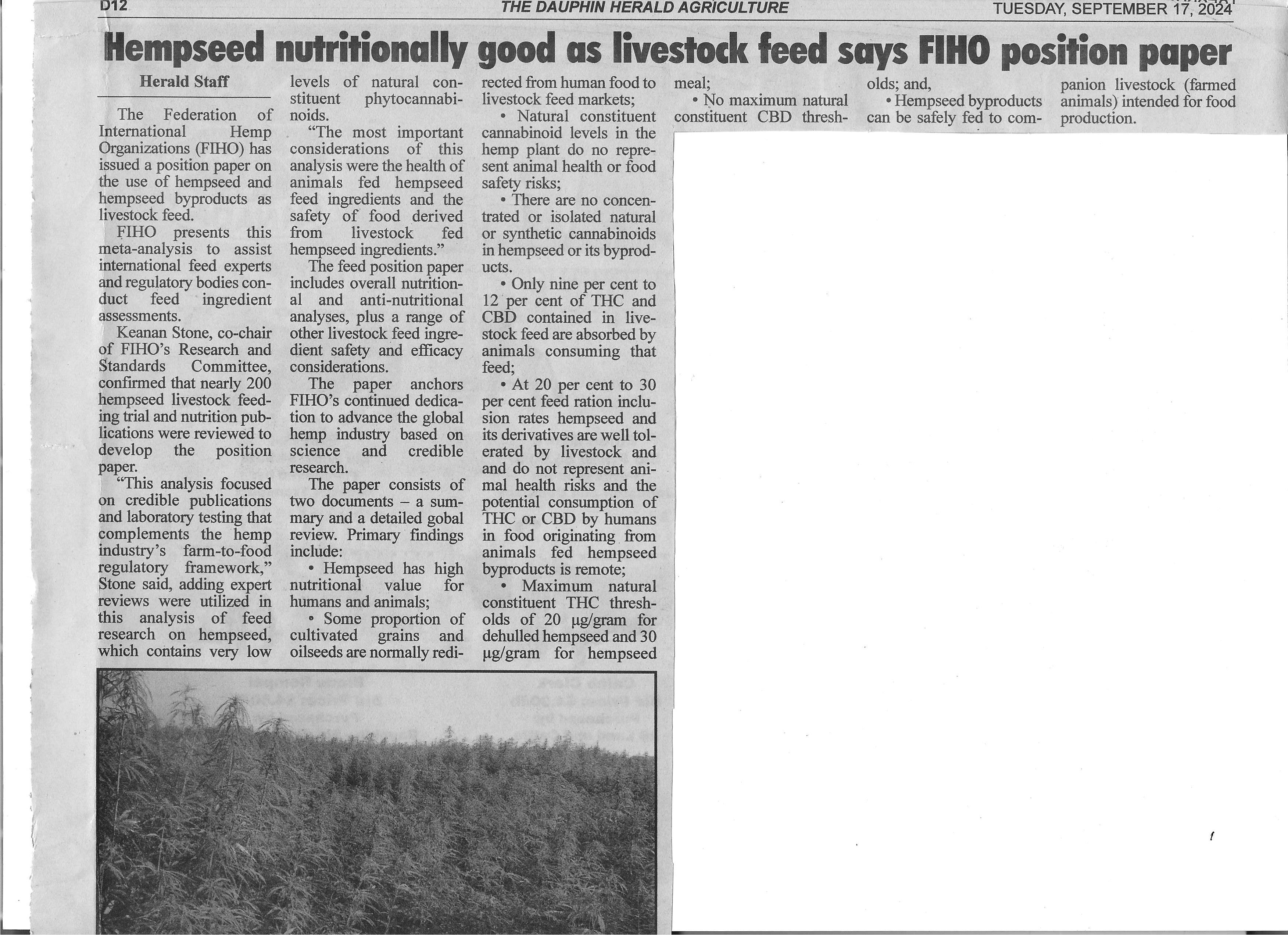 FIHO Position Paper on Hemp seed as livestock feed